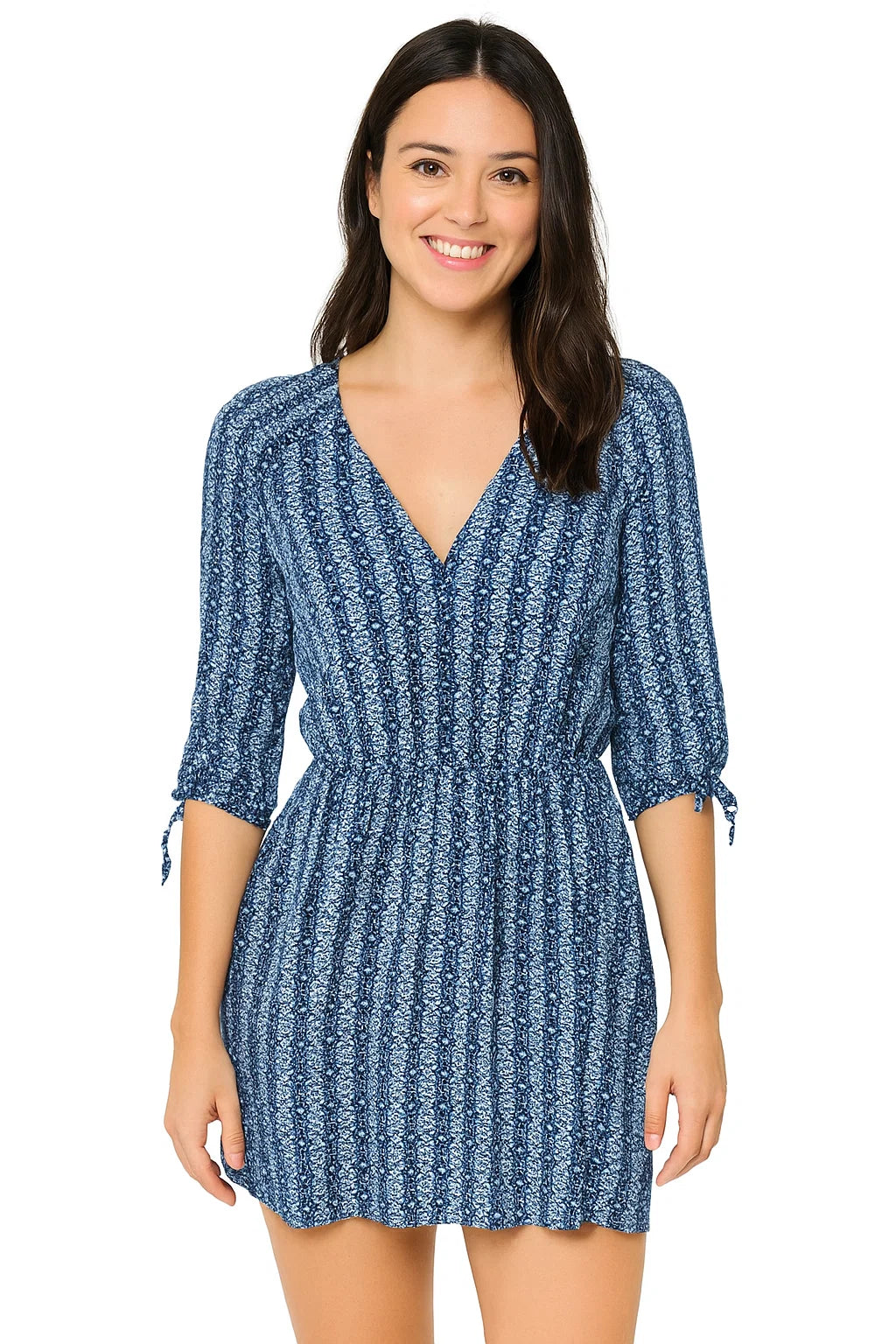 D'OCCASION – Robe bleue imprimée à manches françaises et boutons sur le devant (Taille M) Stradivarius