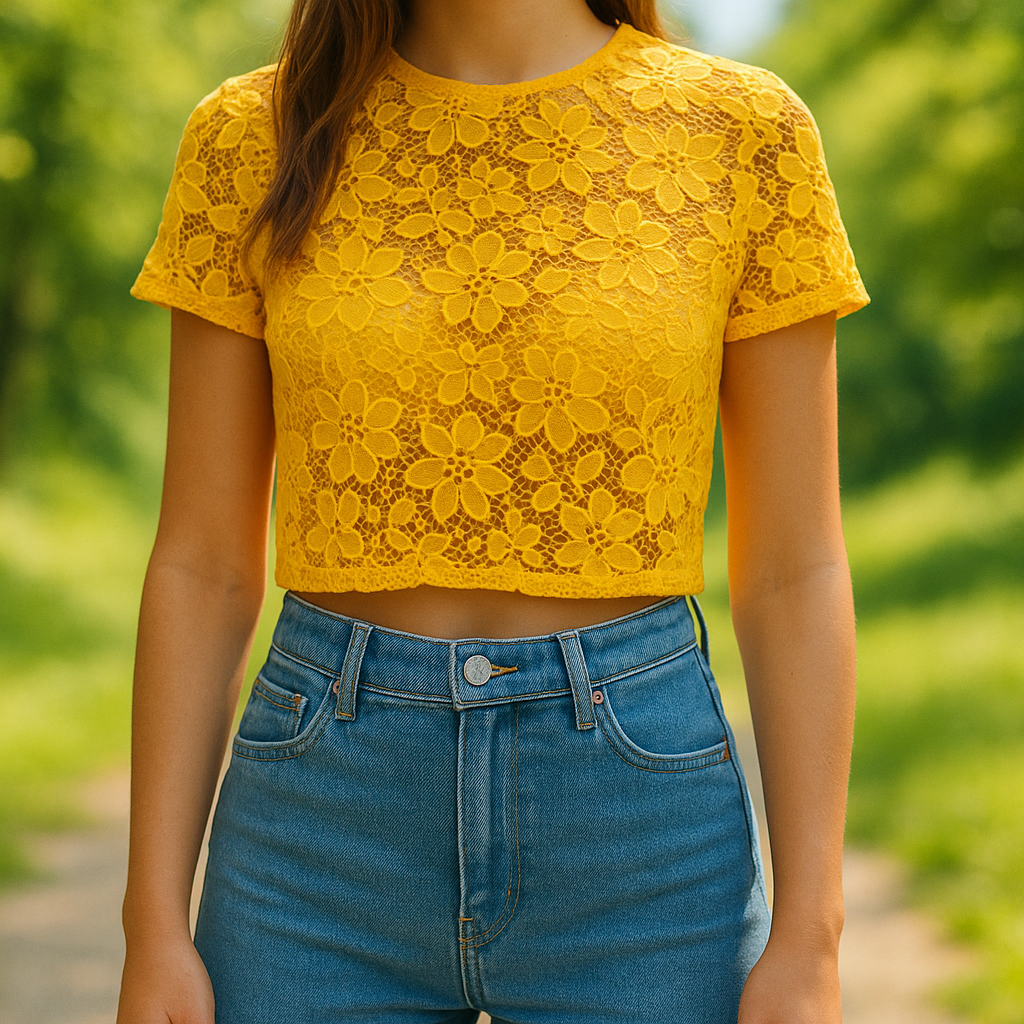 USADO - Top corto de encaje amarillo Zara Trafaluc (Talla S)