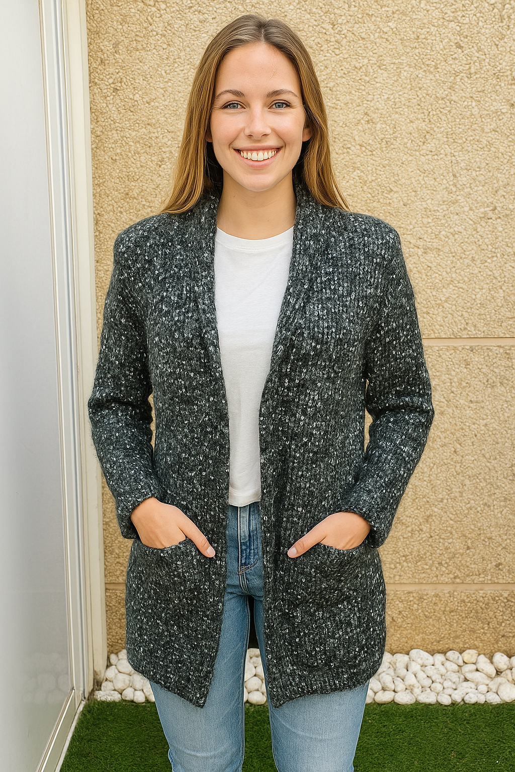 USADO – Cárdigan largo gris jaspeado de lana con bolsillos ZARA Woman (Talla S)