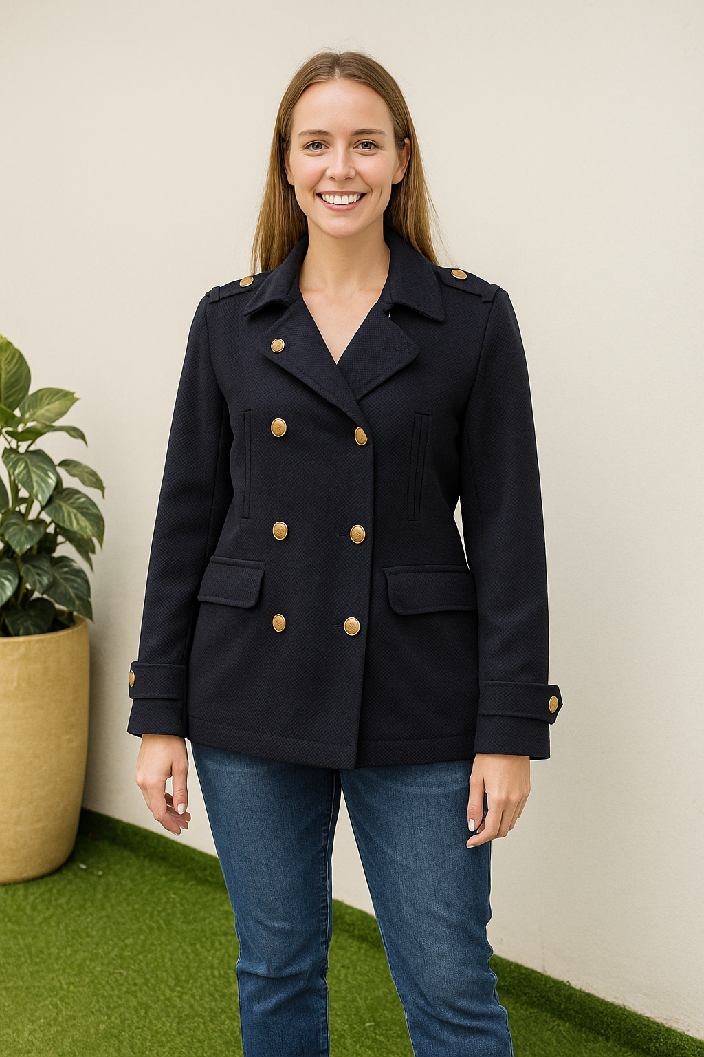 USADO – Abrigo negro estilo militar con botones dorados (Talla aproximada L)