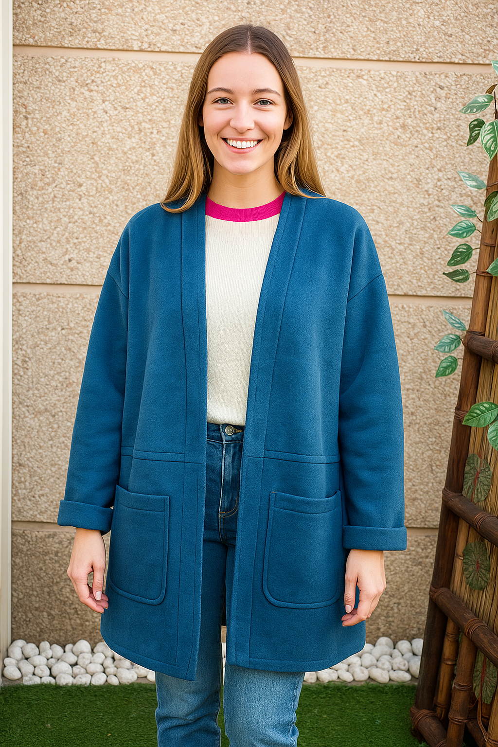 USADO – Abrigo largo azul con bolsillos frontales Chic & Pop (Talla no visible, aproximada M)