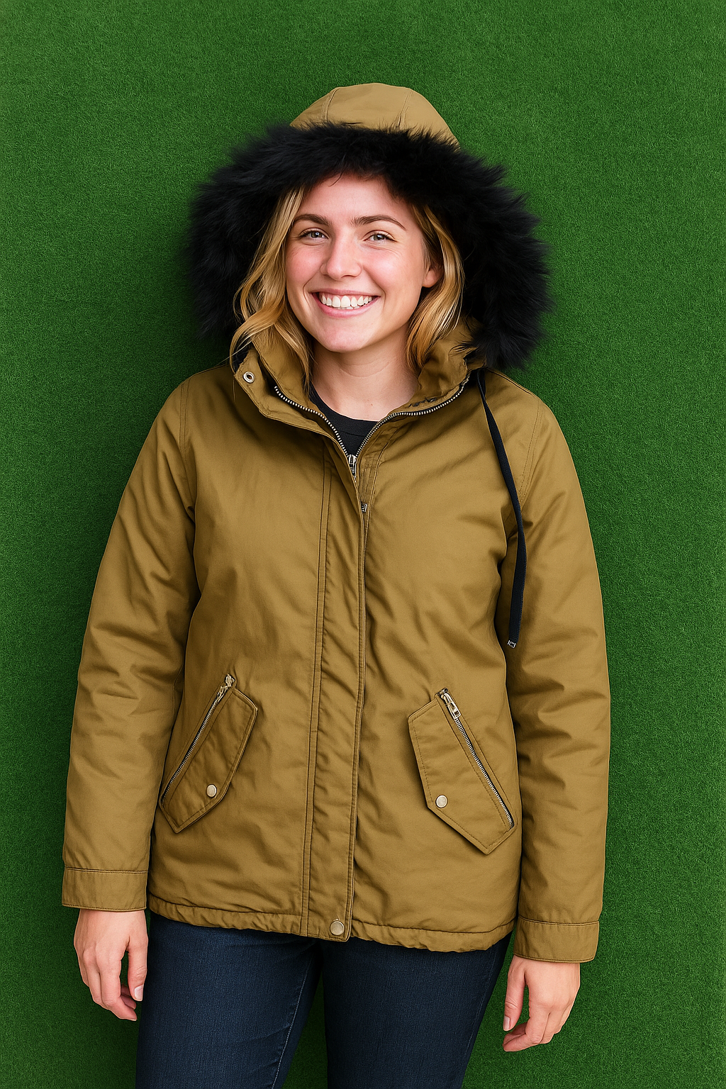 USADO – Abrigo acolchado caqui con capucha y pelo sintético Zara Trafaluc (Talla M)