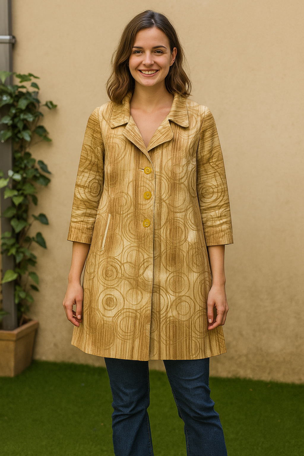 USADO – Abrigo estampado geométrico en tonos beige y marrón vintage (Talla no indicada, estimada M/L)