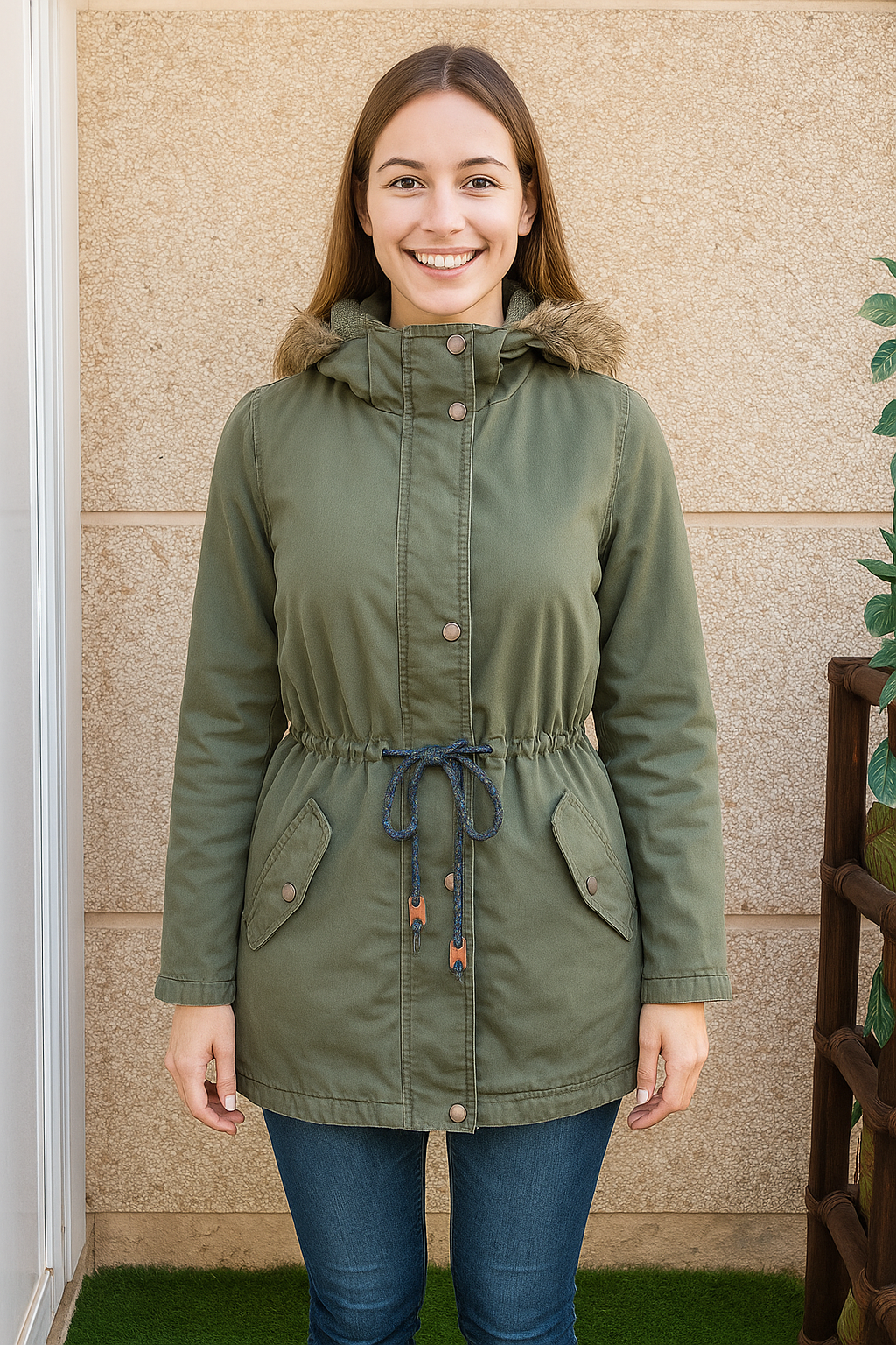 USADO – Parka verde con cordón ajustable y capucha con pelo Springfield (Talla 38)