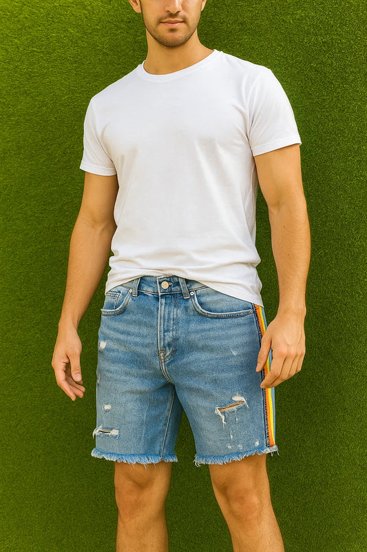USADO – Short vaquero azul con franjas laterales y rotos ZARA MAN (Talla EUR 38 / USA-MEX 30)