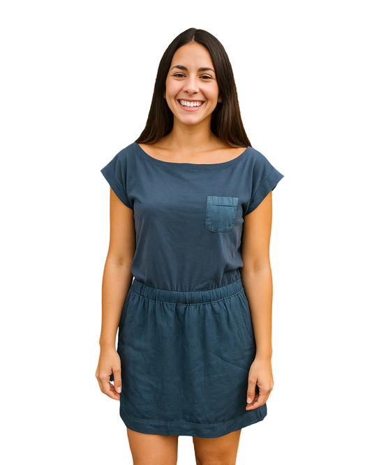 USADO - Vestido azul oscuro con falda efecto denim Zara TRF (Talla M)