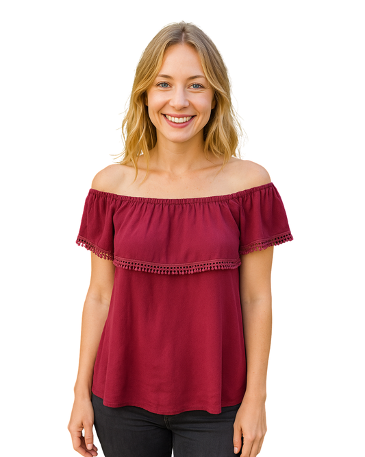 USADO-Blusa burdeos con hombros descubiertos Stradivarius (Talla M)