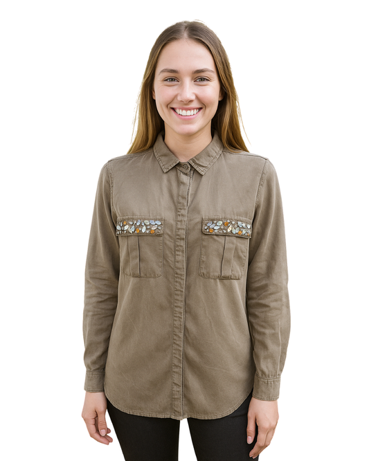 Chemise marron Pimkie d'occasion avec poches décorées (taille M)