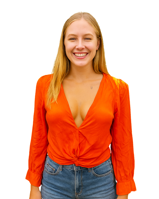 D'OCCASION – Chemisier portefeuille orange à manches longues MNG (taille S)