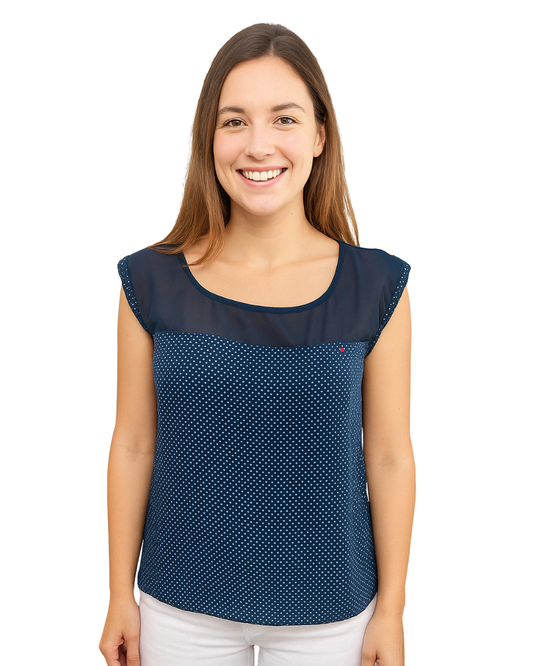 D'OCCASION – Chemisier bleu marine à pois et encolure en mousseline 26 Gness (Taille S)