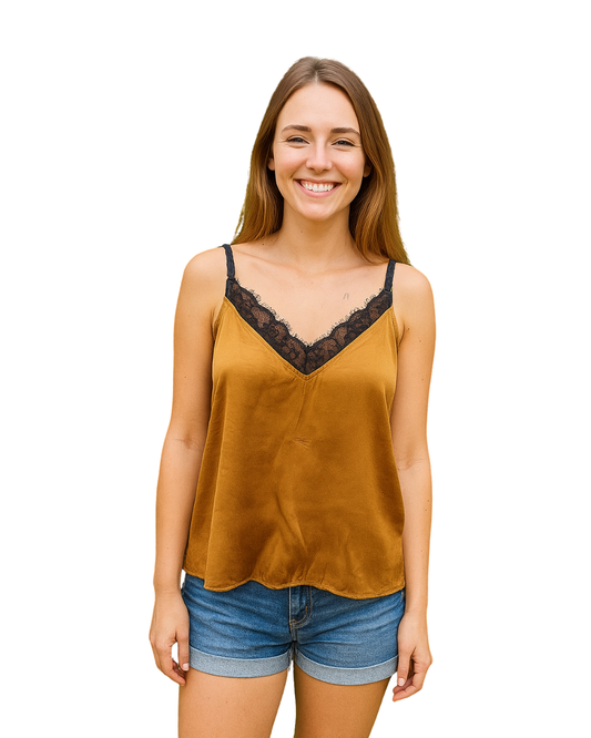 D'OCCASION – Top en satin marron avec dentelle noire ZARA Basic (taille S)