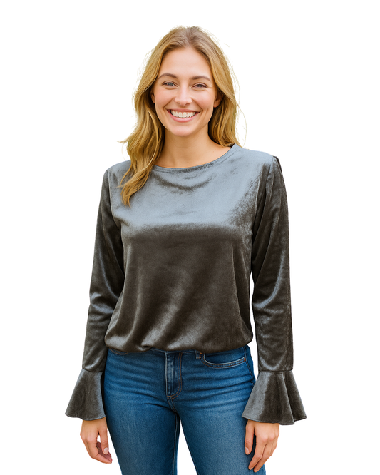 Chemisier en velours gris foncé à manches cloche de Top Queens (taille non spécifiée)