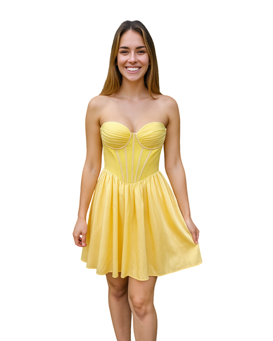 NUEVO– Vestido corsetero amarillo de satén estilo princesa RARTHEA (Talla S)