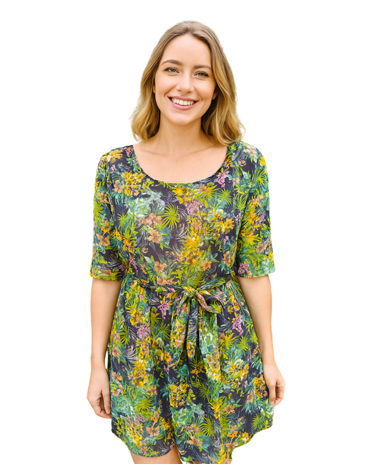 USADO – Vestido floral tropical con cinturón Stradivarius (Talla EUR S)