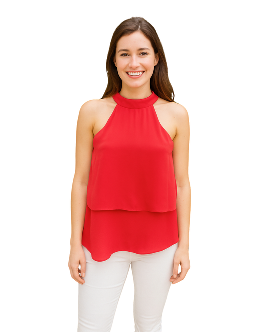 USADO – Top rojo sin mangas con cuello halter y capa fluida de ZARA TRF Collection (Talla XS)