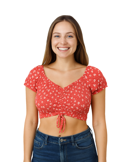 D'OCCASION - Haut fleuri rouge à smocks de Bershka (Taille M)