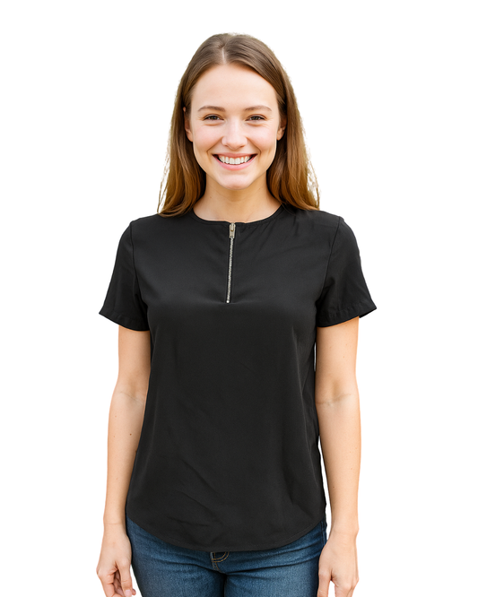 D'OCCASION – Chemisier noir avec fermeture éclair sur le devant et manches semi-transparentes par ZARA WOMAN (Taille EUR XS)