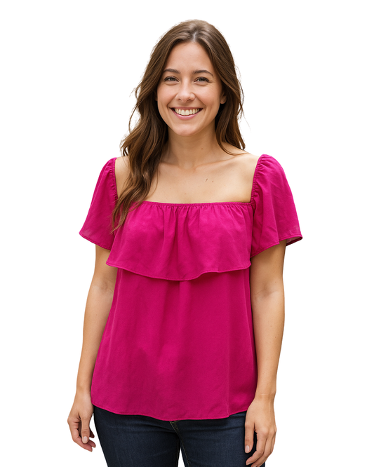 USADO – Top fucsia con volantes en hombros STRADIVARIUS (Talla L)