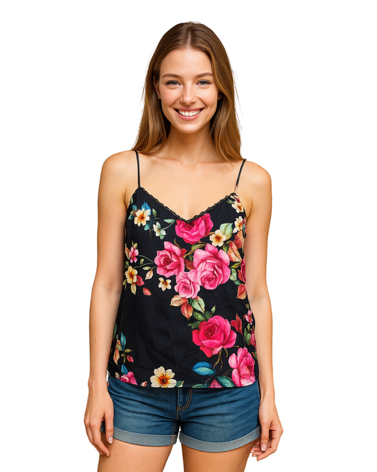 USADO – Top floral satinado de tirantes STRADIVARIUS (Talla EUR S)