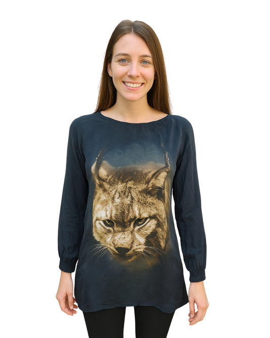 D'OCCASION – Chemisier noir 100% soie naturelle imprimé lynx ZARA FEMME (Taille S)