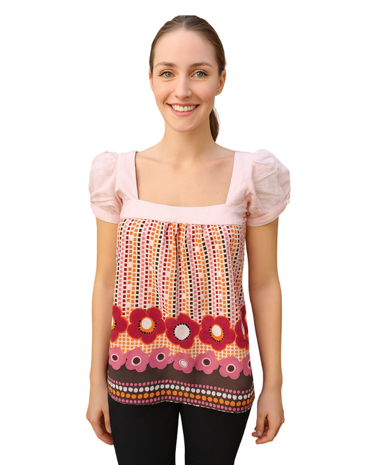 D'OCCASION – Top rose à fleurs et carreaux rétro BSK par BERSHKA (Taille S)