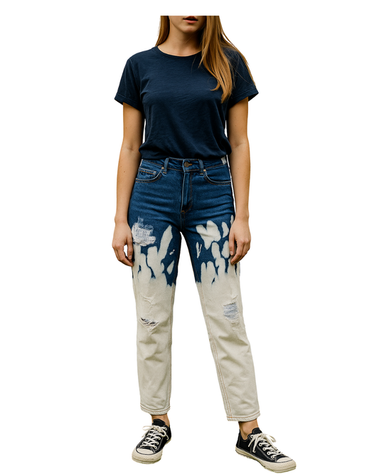 D'OCCASION – Jean délavé bicolore ZARA FEMME avec déchirures (Taille 36 EUR)