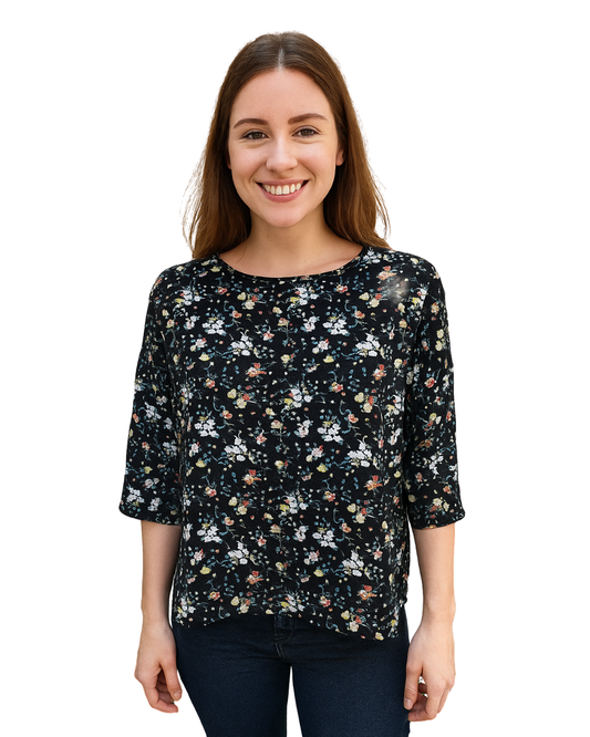 D'OCCASION – Chemisier noir à fleurs à manches larges STRADIVARIUS (Taille S)