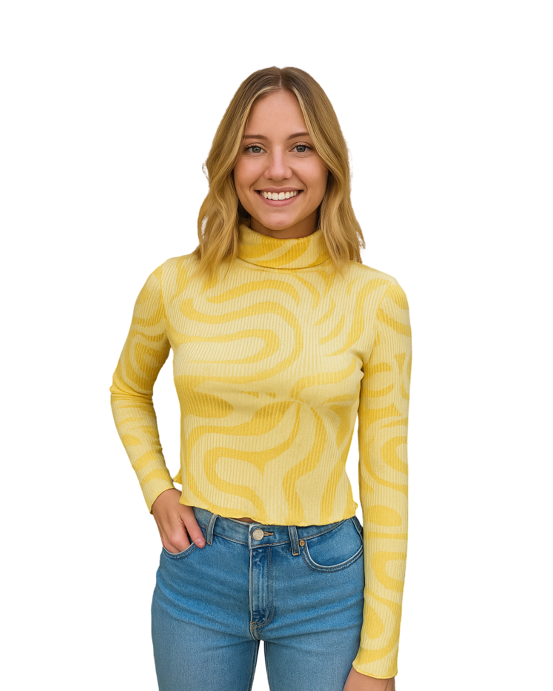 NUEVO – Top amarillo de canalé con cuello alto BERSHKA Join Life (Talla M)