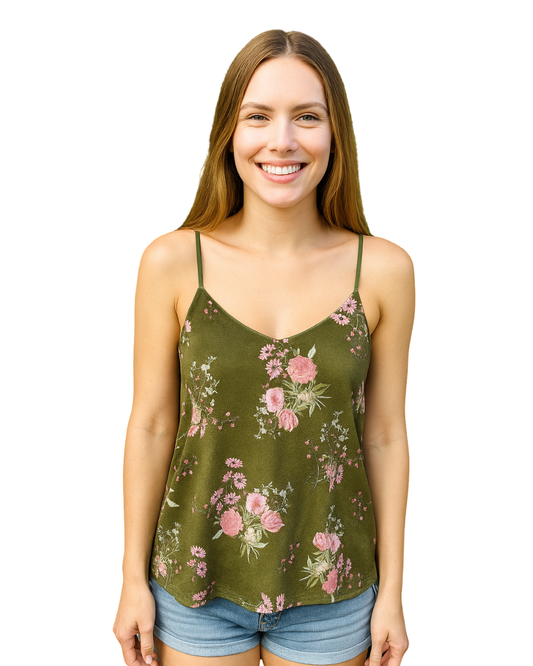 OCCASION - Débardeur vert à fleurs roses BASIC (Taille S)