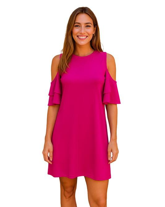 USADO – Vestido fucsia con hombros descubiertos de BERSHKA (Talla S)