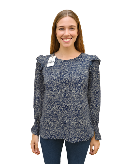 NOUVEAU – Chemisier à volants bleu marine à imprimé abstrait VALENTiNA (Taille S)