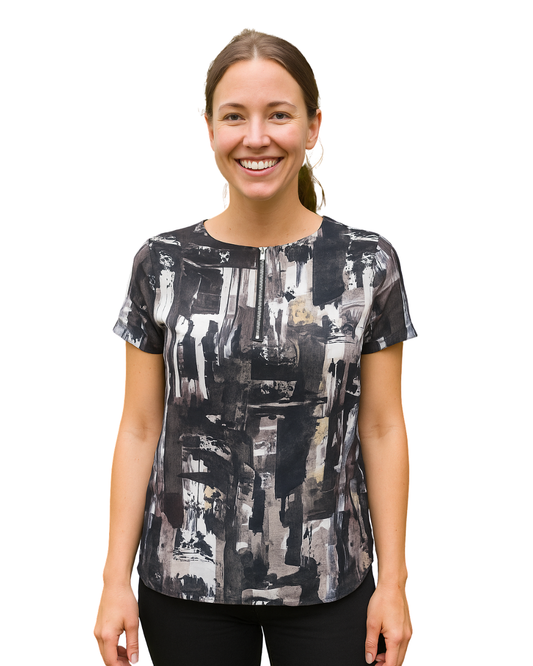 D'OCCASION - Chemisier imprimé abstrait en blanc, noir et gris avec fermeture éclair sur le devant par hym (Taille EUR 34)
