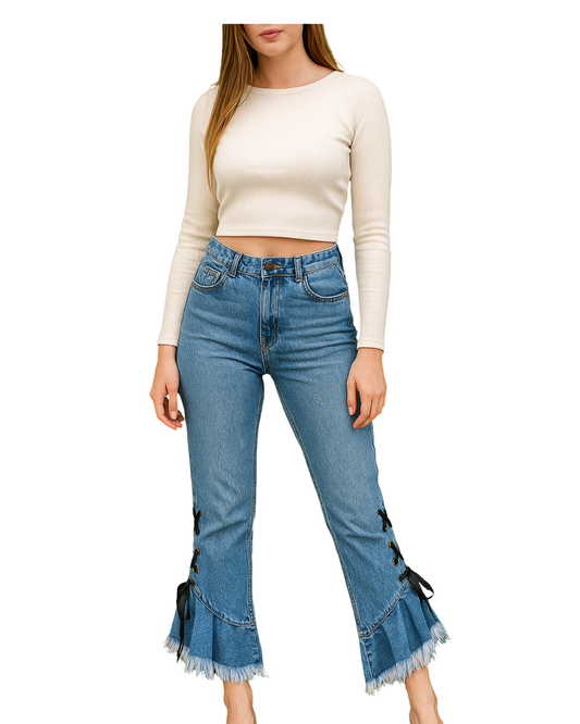 USADO – Pantalones vaqueros con volantes y lazada BERSHKA DENIM (Talla EUR 36)