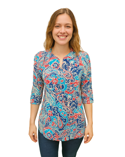 D'OCCASION – Chemisier imprimé multicolore à manches 3/4 ZARA BASIC (Taille S)