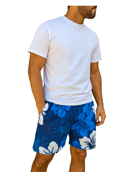 D'OCCASION – Maillot de bain/Boxer de plage imprimé hibiscus bleu (Taille XXL)