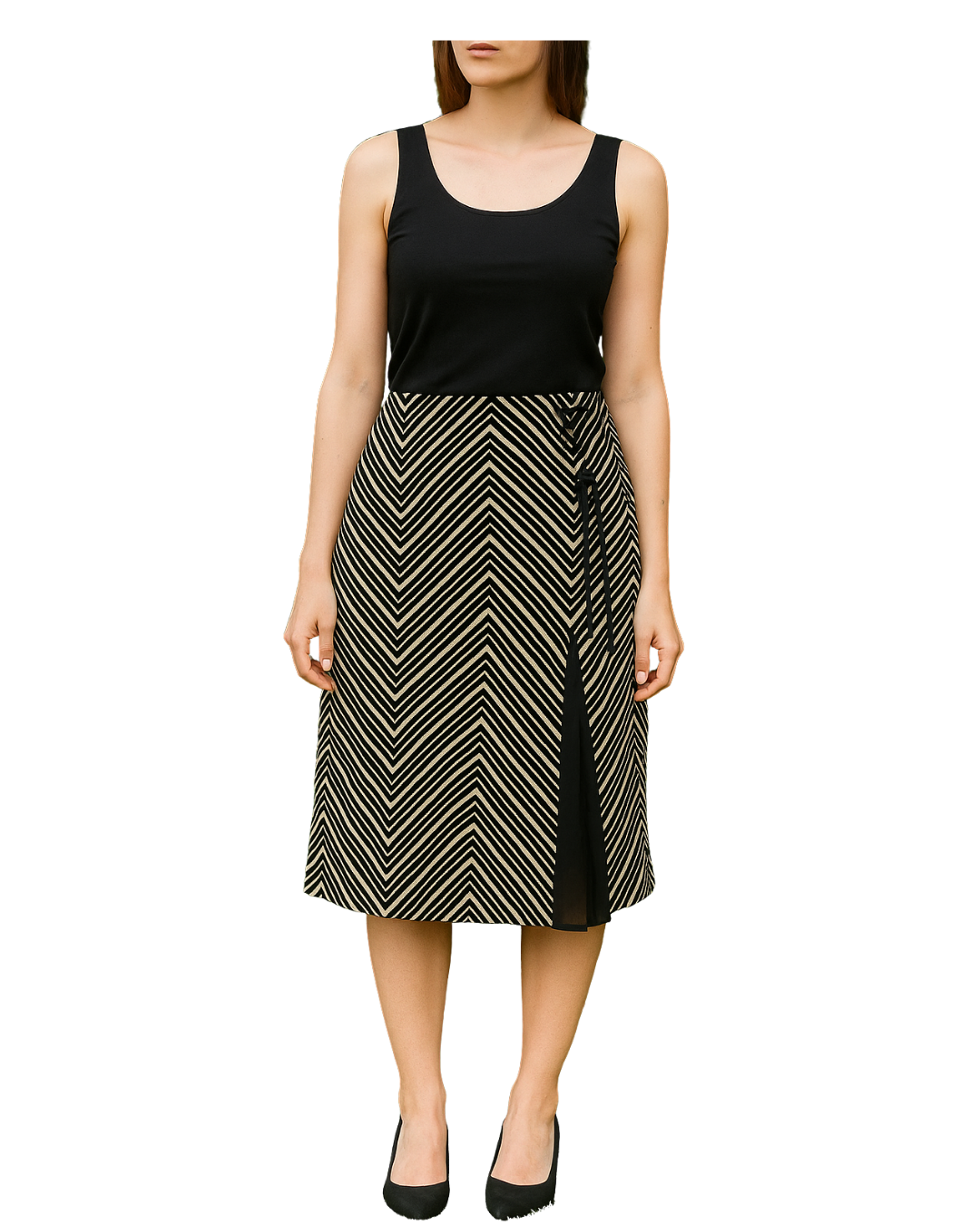 D'OCCASION – Jupe mi-longue à rayures en zigzag avec fente MNG (Taille 40)