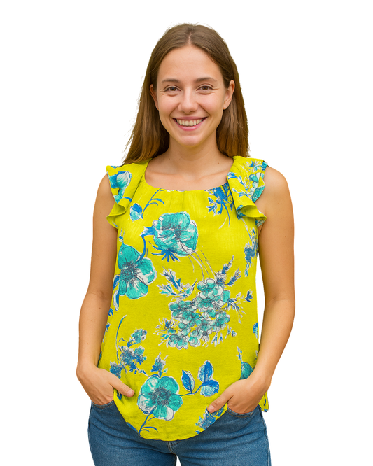 D'OCCASION – Zara Top basique jaune à fleurs et bretelles croisées (taille S)