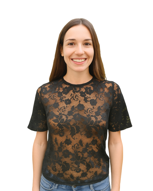 D'OCCASION – Haut semi-transparent en dentelle florale noire Zara Trafaluc (taille S)