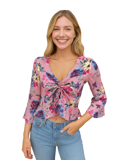 D'OCCASION – Chemisier froncé à fleurs BERSHKA (taille S)