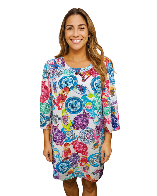 USADO – Vestido estampado multicolor con manga francesa VEGAS COLLECTION (Talla M)