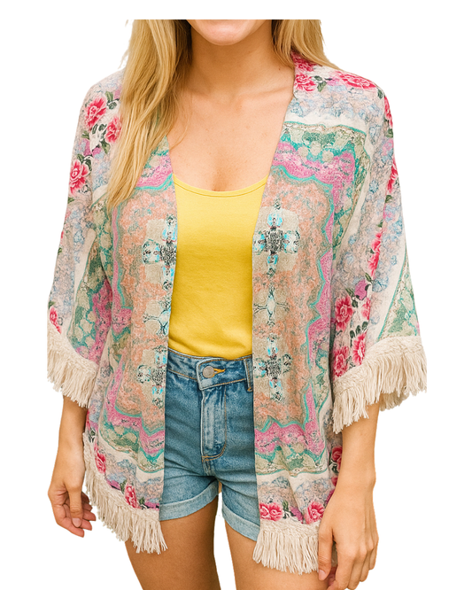 D'OCCASION – COLLECTION MULAYA Kimono à imprimé floral et franges (Taille unique)