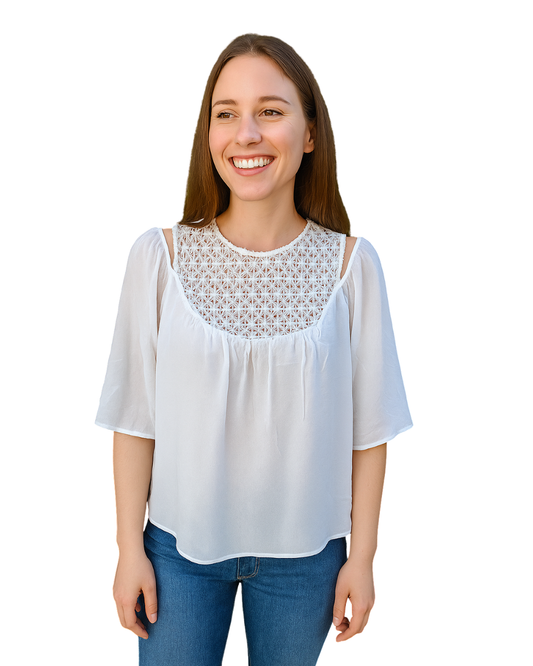 D'OCCASION - Chemisier blanc Zara Femme avec broderie florale ajourée (Taille XS)