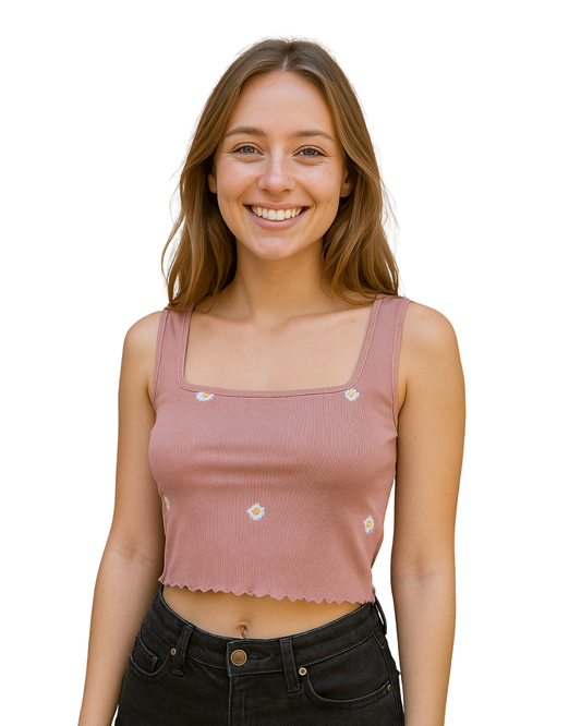 USADO – Crop top rosa con margaritas bordadas HOMEGIRL SOCIETY (Talla M)
