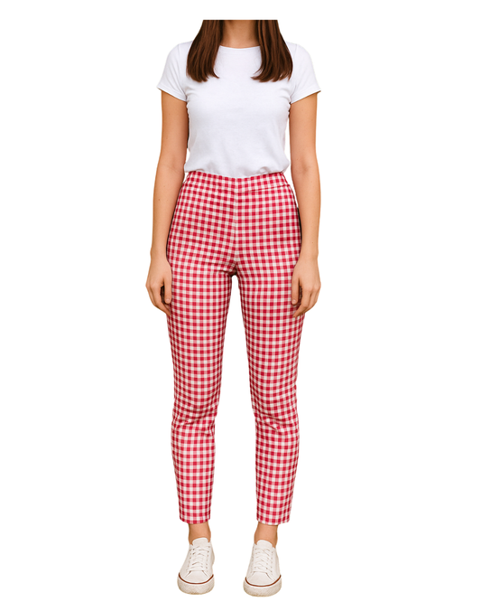 USADO – Pantalón ajustado de cuadros rojos STRADIVARIUS (Talla EUR 34)