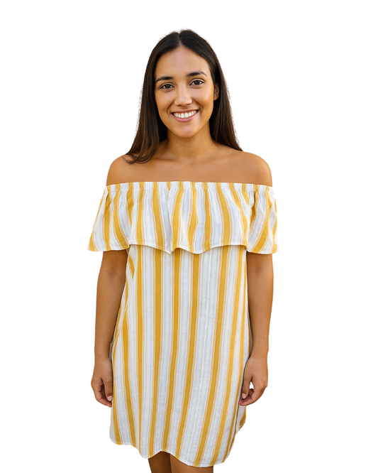 USADO – Vestido a rayas blanco y mostaza de STRADIVARIUS (Talla S)