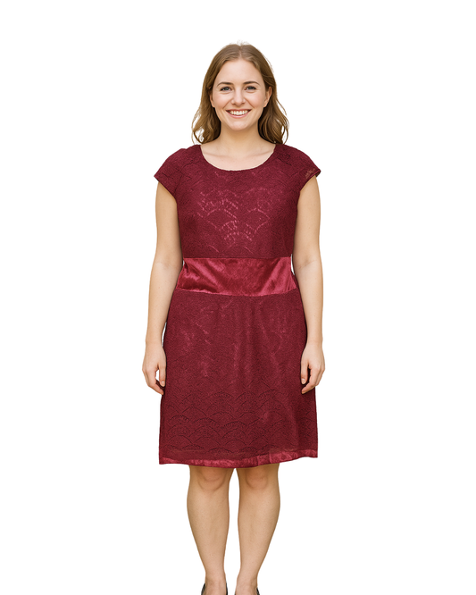USADO – Vestido burdeos de encaje y terciopelo con corte recto (Talla L)