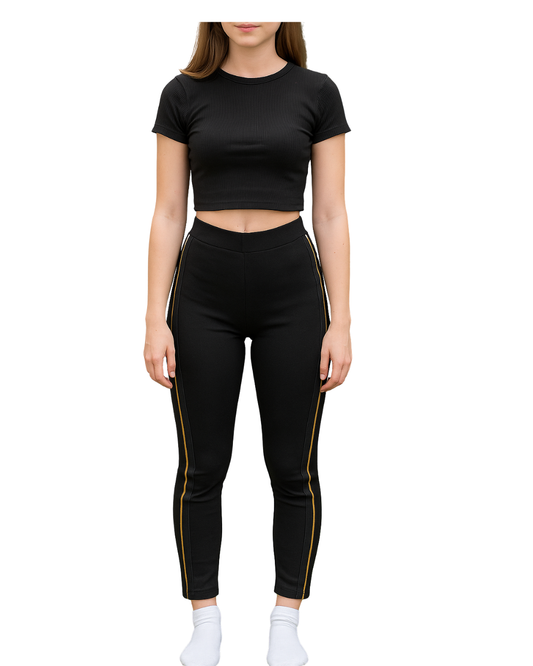 NOUVEAU – Legging noir MANGO BASICS avec bande latérale jaune (Taille XS)