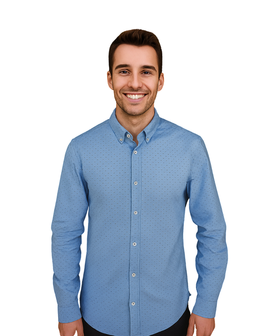USADO – Camisa azul celeste con microestampado de topos de ZARA Man Slim Fit (Talla EUR S )