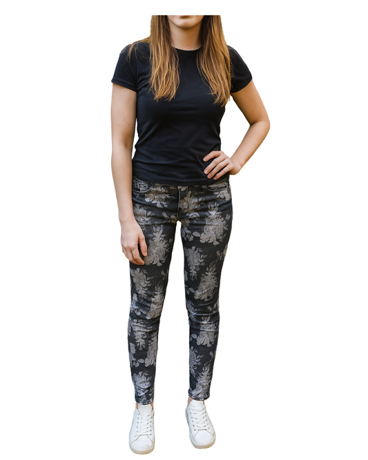 D'OCCASION – Jean skinny gris à imprimé floral ZARA Trafaluc (Taille 34 EUR)