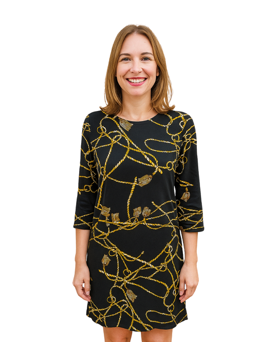 USADO – Vestido negro con estampado de cuerdas doradas STRADIVARIUS (Talla M)